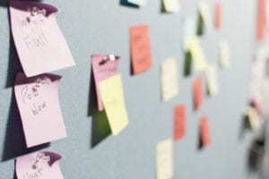 Busy post its scattered on a wall